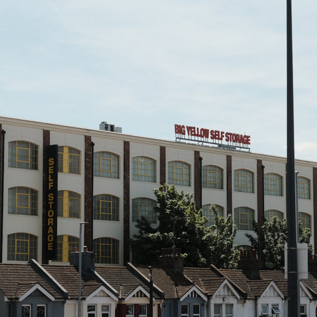 A multi-storey building with a white façade and large, yellow-framed windows, featuring a prominent sign reading 'Big Yellow Self Storage' on the roof. Adjacent to the building on the left side is a vertical yellow sign with black lettering that states 'Self Storage.' The lower part of the image shows a row of small, white-painted residential houses with sloped, tiled roofs. In front of the building, a few trees with green foliage partially obscure the view, and there is a streetlight pole visible on the right side of the image. The scene is captured during daylight under a partly cloudy sky, highlighting an urban environment suited for house removals and furniture transport services, as operated by companies such as Man With a Van East Ham.